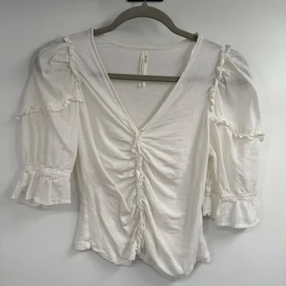 Anthropologie 100% Cotton Blouse Top Womens XS White Puff Sleeve V-Neck Ruffle